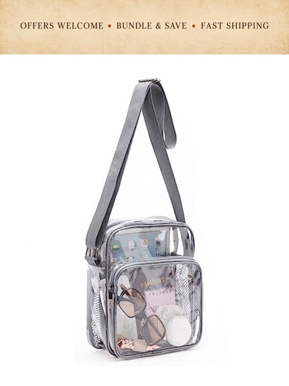 Clear PVC Crossbody Sling Bag Stadium Approved Adjustable Strap
